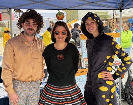 Three people in Halloween costumes.